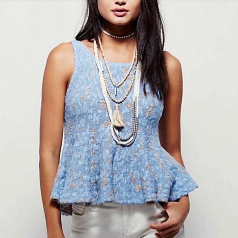 Free People Knitted Top Women’s Small Blue Tan Side by Side Peplum Tank size S